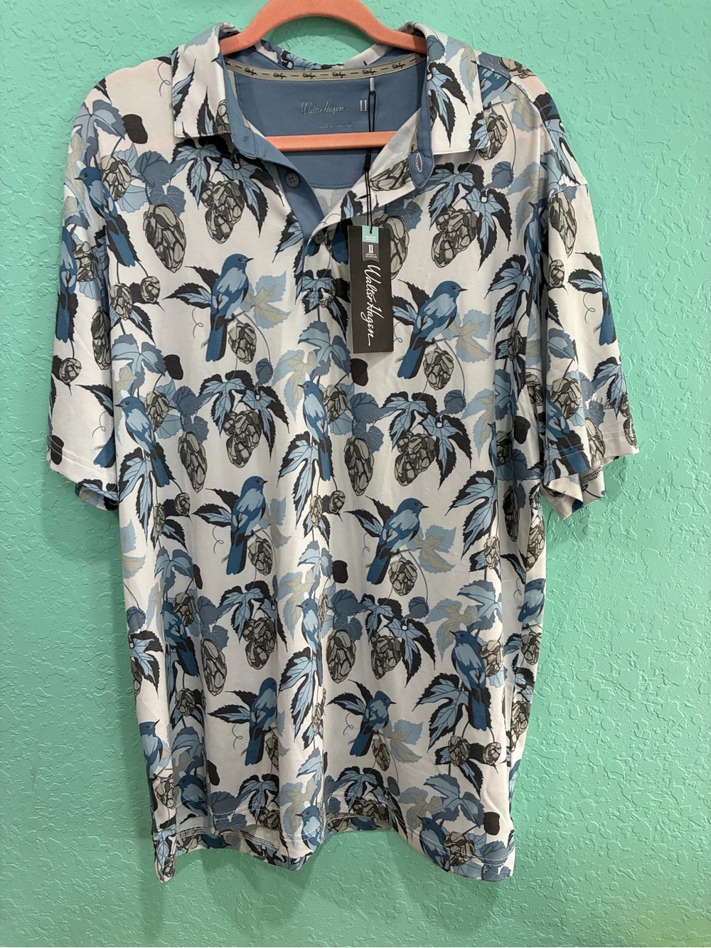 Walter Hogan NWT  Floral Short-Sleeve Polo Shirt golf XL blue birdies UPF